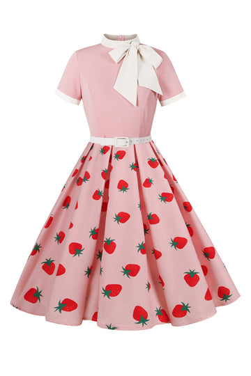 Vestido de la década de 1950 con estampado de fresa y manga corta